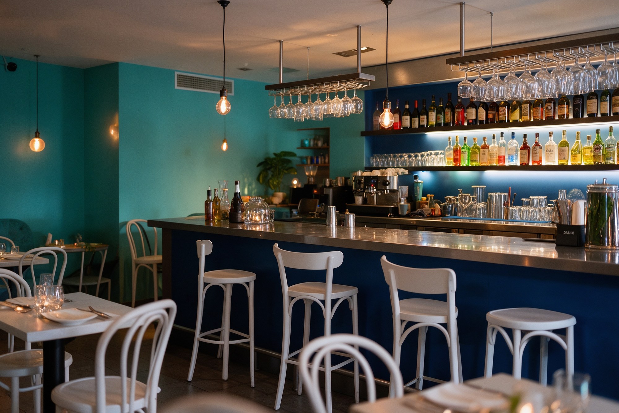 Interior moderno de l'Onda con barra de acero y botellero iluminado