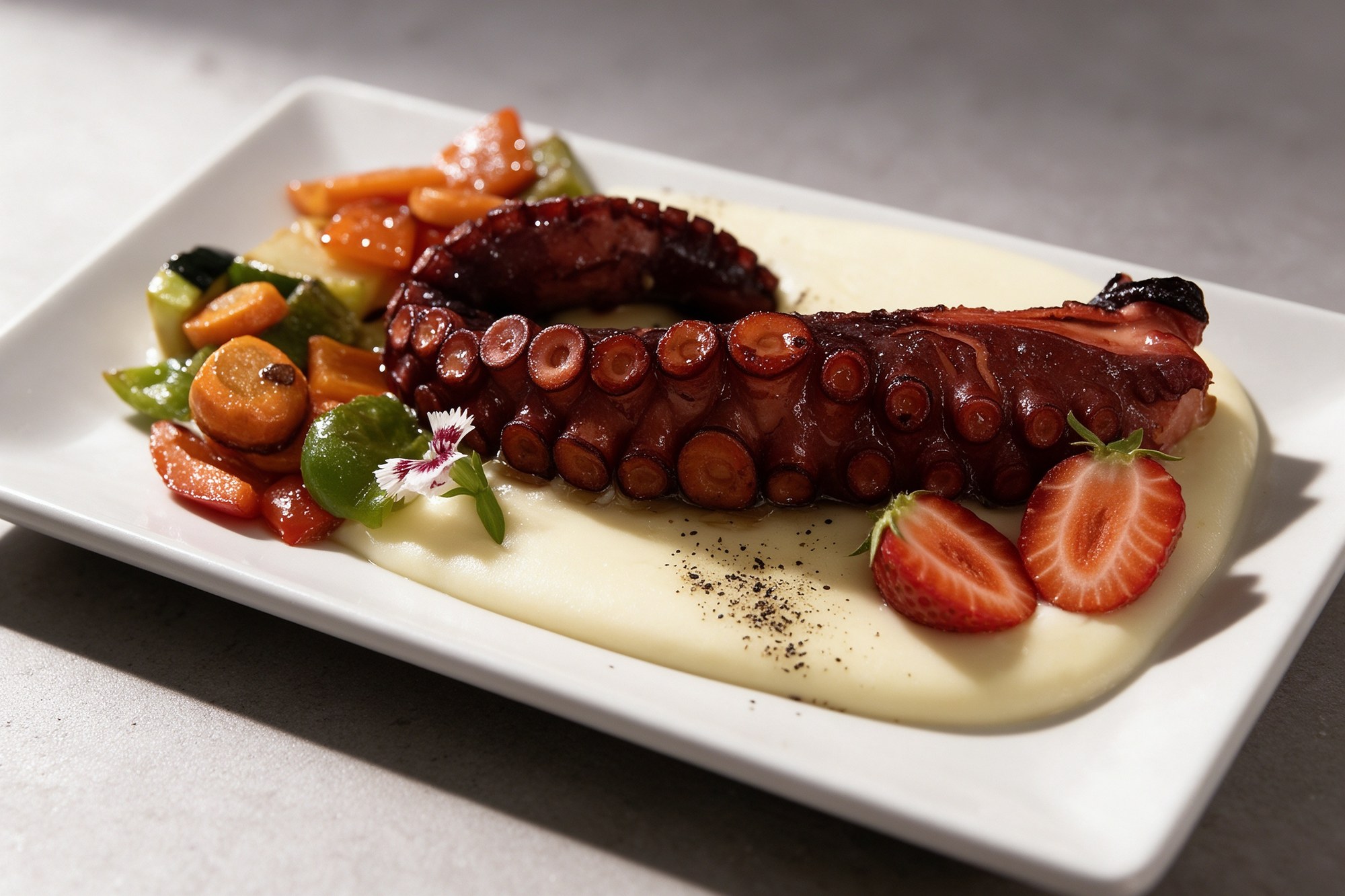 Pulpo a la parrilla sobre parmentier con verduras glaseadas