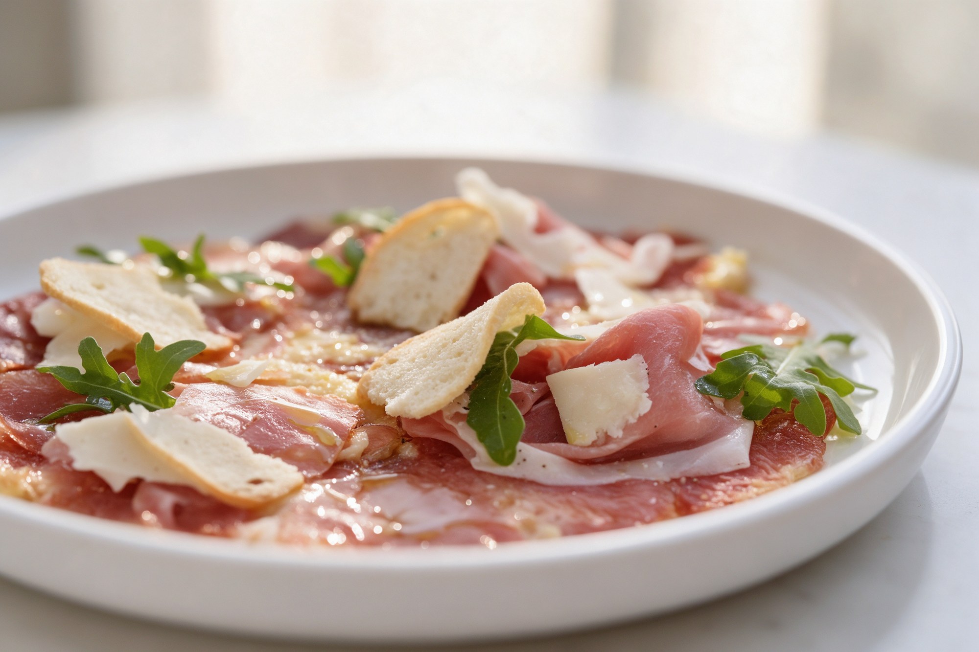 Carpaccio con lascas de parmesano, rúcula y crostini