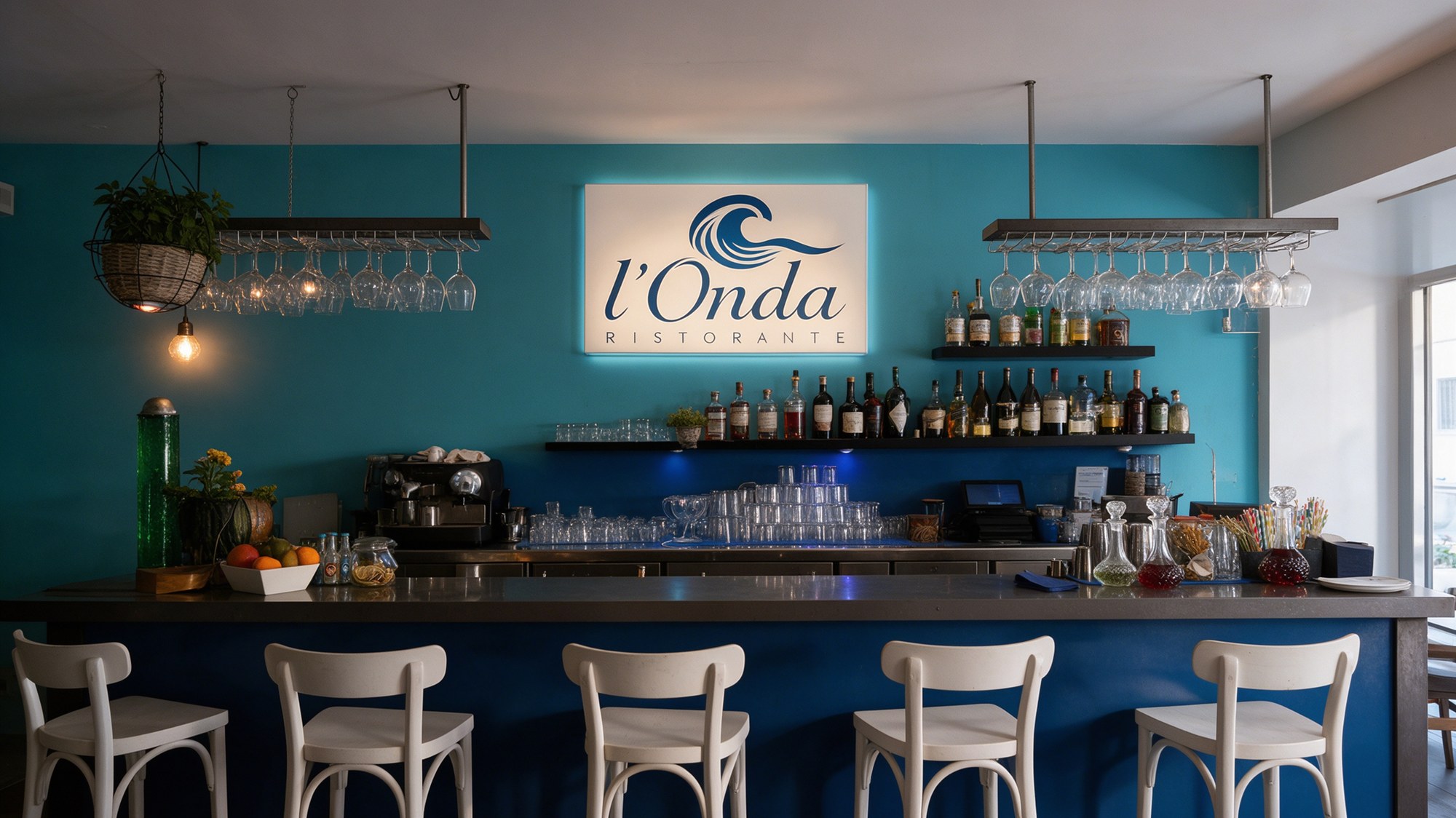 Placa luminosa de l'Onda Ristorante sobre la pared turquesa del bar